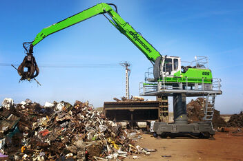 SENNEBOGEN material handler 825 stationary electro recycling waste management orange peel grab scrap sheer feeding