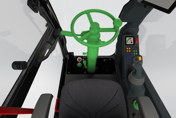 3D view of the SENNEBOGEN 360 G operator's cab with steering wheel control.