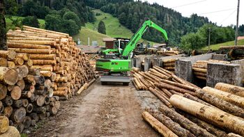 SENNEBOGEN 817, Umschlagmaschine mit Anhänger für Rundholzumschlag in kleinerem Sägewerk, Schweiz 