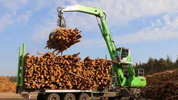 Umschlagbagger 830 Trailer beim Holzumschlag