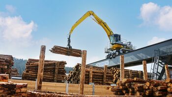 SENNEBOGEN Elektrobagger 835 mit Portal; Holzwerk; Holzumschlag, Verladung von Rundholz