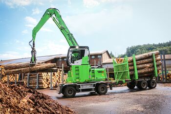 SENNEBOGEN 730 timber handling machine in Pick & Carry application with trailer, saw mill, Switzerland