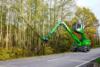A SENNEBOGEN 718 E from Holz Nigl felling a problematic tree along the roadside with its boom extended and a grapple saw attached.