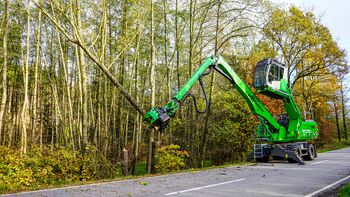 A SENNEBOGEN 718 E from Holz Nigl felling a problematic tree along the roadside with its boom extended and a grapple saw attached.