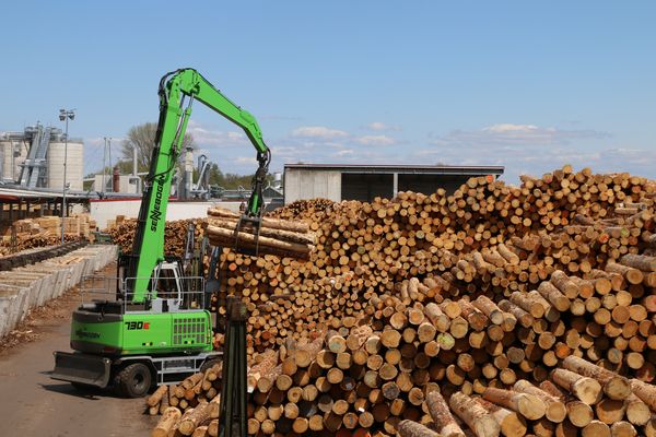 SENNEBOGEN 730 E-Series Pick & Carry Wood Handling Excavator Test application at Pfeifer Group Unterbernbach