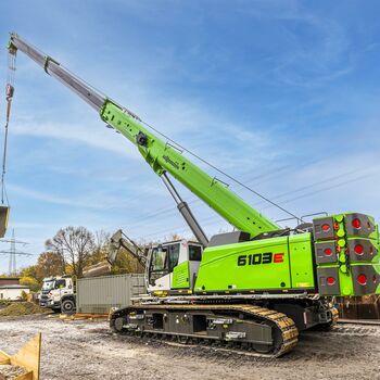 sewer construction with 100 t telescopic crawler crane, SENNEBOGEN 6103, lifting works