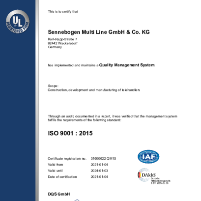 ISO certification SENNEBOGEN Multi Line Wackersdorf