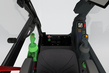 3D view of the SENNEBOGEN 360 G operator's cab with joystick steering and no steering wheel.