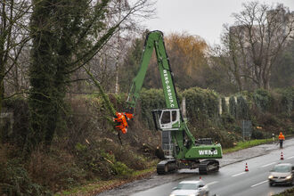 Umschlagbagger SENNEBOGEN 830 Abbruch, Fällbagger, Baumfällung an Autobahn, Baum- und Grünpflege entlang von Verkehrswegen