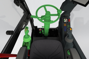 3D view of the SENNEBOGEN 360 G operator's cab with highlighted joystick steering.