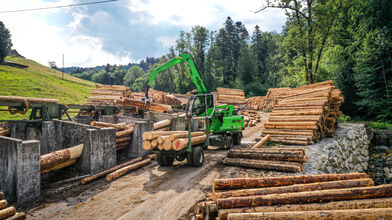 SENNEBOGEN 817, material handling machine with trailer for the logyards in smaller sawmills, Switzerland 
