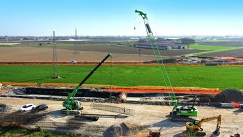 Foundation work for railroad line extension with SENNEBOGEN cranes
