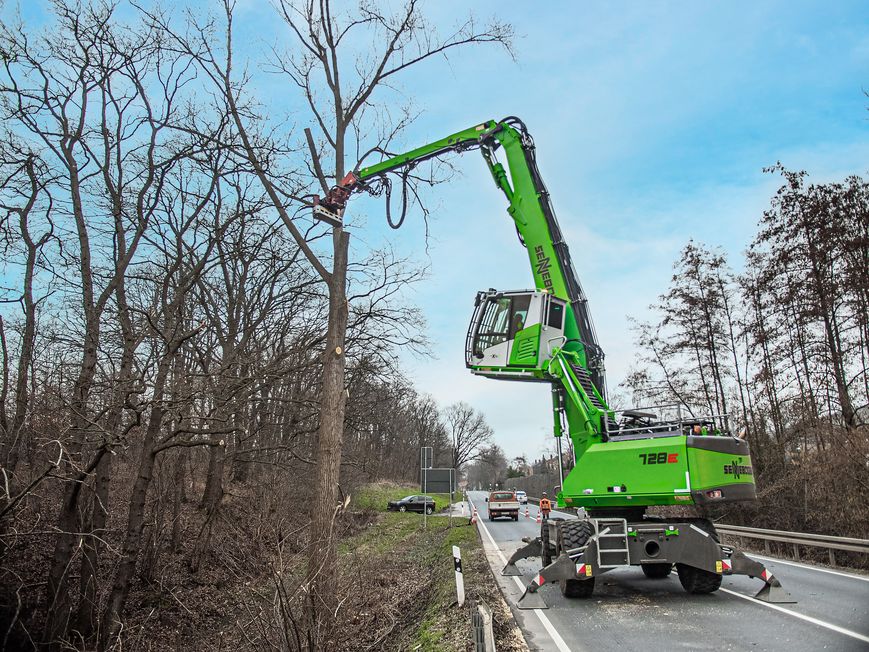 Fällbagger von SENNEBOGEN bei Fällarbeiten neben einer Straßen