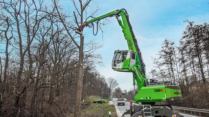 Tree felling machine SENNEBOGEN 728 E Tree felling machine SENNEBOGEN 728 problem tree felling embankment maintenance