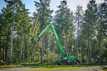 SENNEBOGEN 738 E lifting a tree trunk with its felling head.