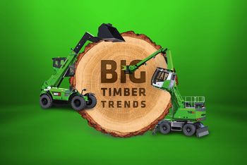 SENNEBOGEN trade show graphic for Interforst 2026 featuring machinery for timber handling and forestry.