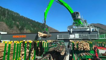 An electric SENNEBOGEN 840 E on a 36-metre-wide rail gantry, handling round timber at Dold Timber yard..