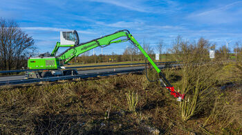 Baumpflege mit Fällbagger, Gehölzpflege, SENNEBOGEN 728, Holz-Umschlagbagger