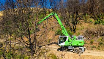SENNEBOGEN 718 Holz-Umschlagbagger, Forstbagger für Aufräumarbeiten nach Waldbränden mit Greifersäge