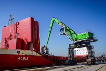 Port material handling with SENNEBOGEN 870 crawler gantry , unloading of steel wire coils, loading of heavy cargo and bulk material