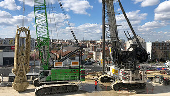 SENNEBOGEN 6140 HD heavy duty cycle crawler crane and 7700 R-SL crawler crane used in building construction / civil engineering for Grand Paris Express in France