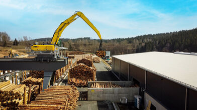 SENNEBOGEN Elektrobagger 835 mit Portal; Holzwerk; Holzumschlag, Verladung von Rundholz