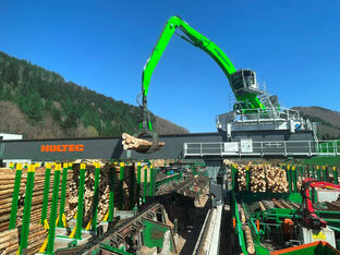 SENNEBOGEN 840 E material handler with electric drive on a rail gantry for loading timber logs in the sawmill